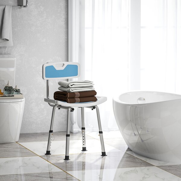 HOMCOM Scaun de Duș din Aluminiu și EVA, Reglabil pe 6 Niveluri, cu Spătar Curbat, 51,5x49,5x68,5-81 cm, Albastru Deschis și Alb | Aosom Romania