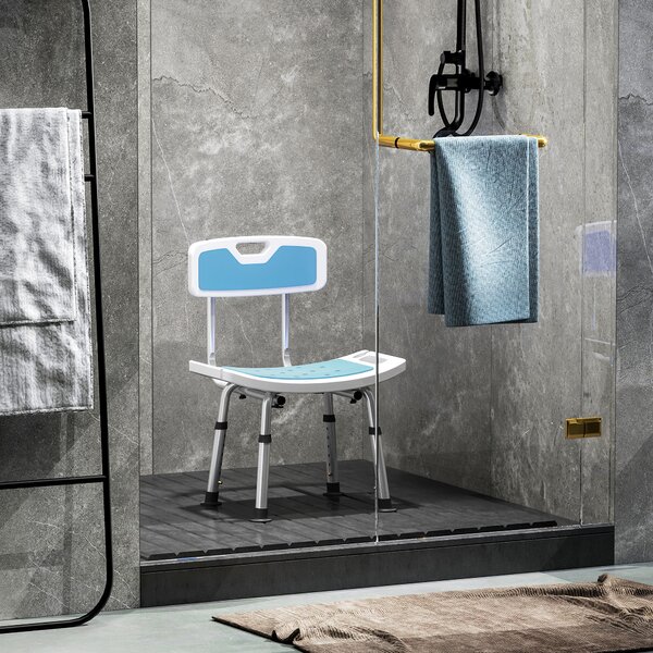 HOMCOM Scaun de Duș din Aluminiu și EVA, Reglabil pe 6 Niveluri, cu Spătar Curbat, 51,5x49,5x68,5-81 cm, Albastru Deschis și Alb | Aosom Romania