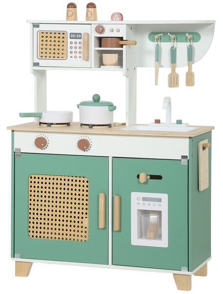 AIYAPLAY Bucătărie de jucărie din lemn pentru copii, cu accesorii, plită, espressor, dulăpior, 3-6 ani, verde | Aosom Romania