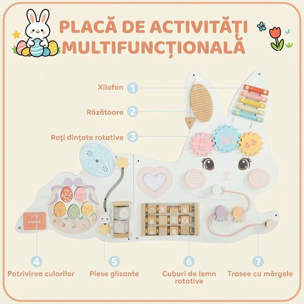 AIYAPLAY Busy Board Montessori de Perete din Lemn pentru Copii 1,5-6 Ani, Tematică Iepuraș de Paște, Alb | Aosom Romania