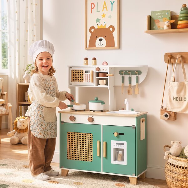 AIYAPLAY Bucătărie de jucărie din lemn pentru copii, cu accesorii, plită, espressor, dulăpior, 3-6 ani, verde | Aosom Romania