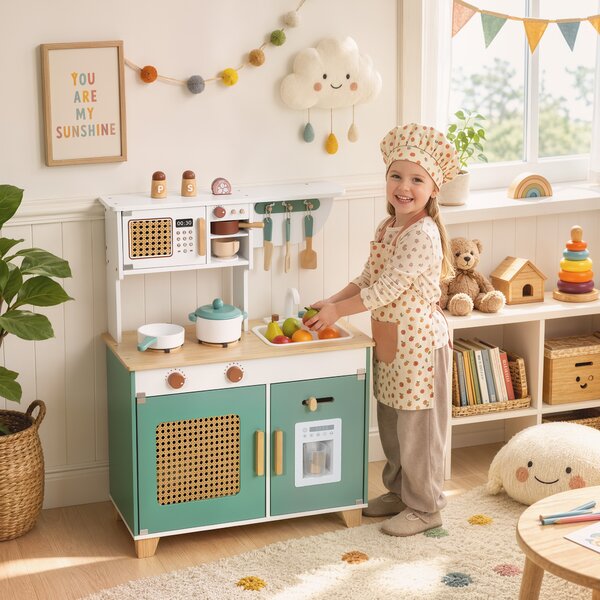 AIYAPLAY Bucătărie de jucărie din lemn pentru copii, cu accesorii, plită, espressor, dulăpior, 3-6 ani, verde | Aosom Romania