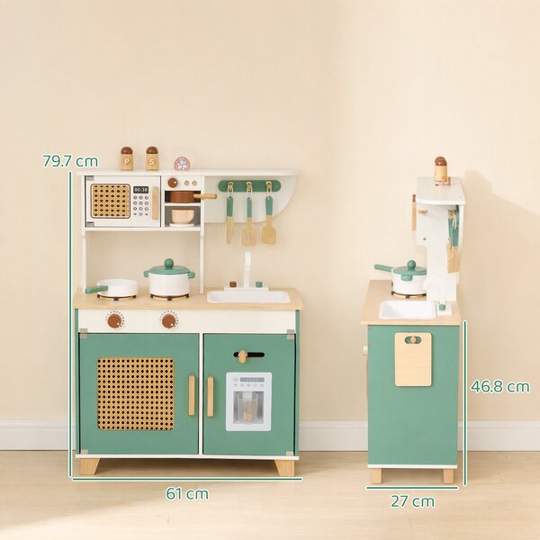 AIYAPLAY Bucătărie de jucărie din lemn pentru copii, cu accesorii, plită, espressor, dulăpior, 3-6 ani, verde | Aosom Romania