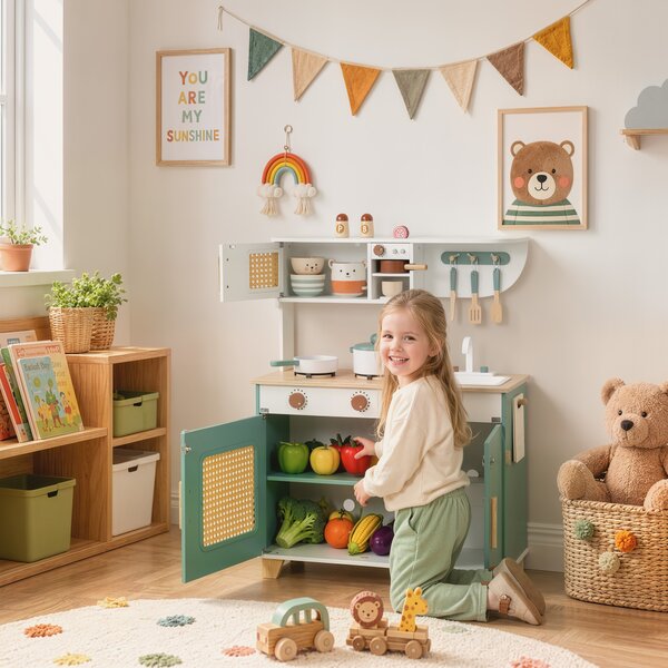AIYAPLAY Bucătărie de jucărie din lemn pentru copii, cu accesorii, plită, espressor, dulăpior, 3-6 ani, verde | Aosom Romania