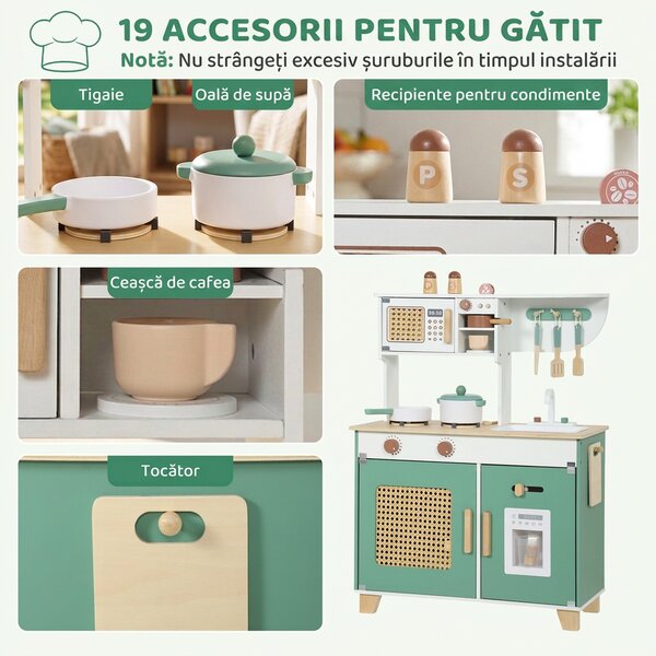 AIYAPLAY Bucătărie de jucărie din lemn pentru copii, cu accesorii, plită, espressor, dulăpior, 3-6 ani, verde | Aosom Romania