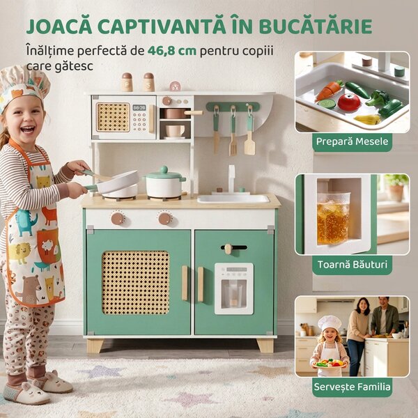 AIYAPLAY Bucătărie de jucărie din lemn pentru copii, cu accesorii, plită, espressor, dulăpior, 3-6 ani, verde | Aosom Romania