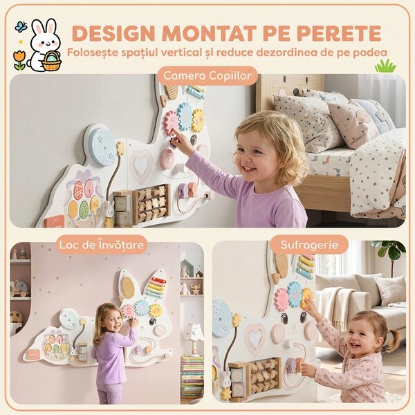 AIYAPLAY Busy Board Montessori de Perete din Lemn pentru Copii 1,5-6 Ani, Tematică Iepuraș de Paște, Alb | Aosom Romania
