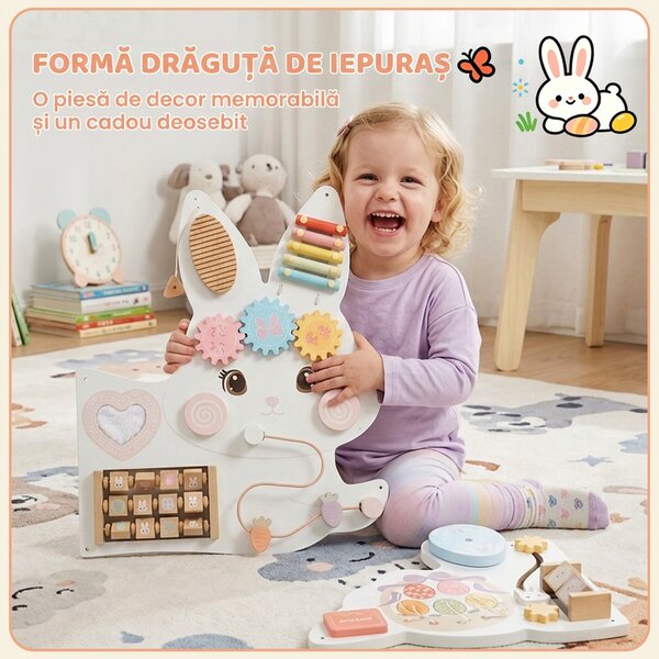 AIYAPLAY Busy Board Montessori de Perete din Lemn pentru Copii 1,5-6 Ani, Tematică Iepuraș de Paște, Alb | Aosom Romania