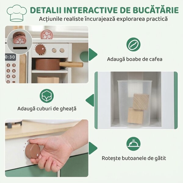 AIYAPLAY Bucătărie de jucărie din lemn pentru copii, cu accesorii, plită, espressor, dulăpior, 3-6 ani, verde | Aosom Romania