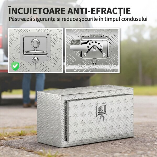 HOMCOM Cutie de Unelte din Aluminiu cu Încuietoare și 2 Chei, Cutie de Depozitare 96L, Rezistentă și Impermeabilă, pentru Pick-Up, Camper, Remorci, 76,2x35,5x40,6cm, Argintiu | Aosom Romania