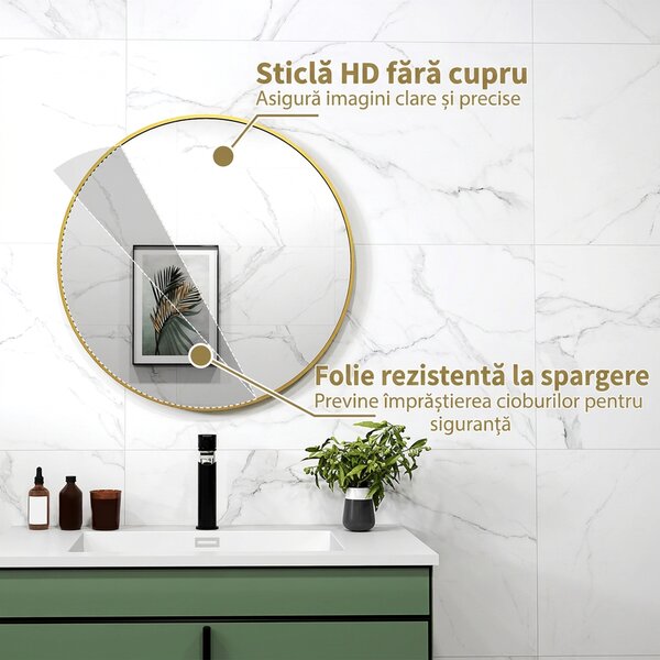 HOMCOM Oglindă Rotundă pentru Baie, din Sticlă și Oțel, Ø70x2.5 cm, culoare Auriu | Aosom Romania