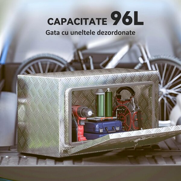 HOMCOM Cutie de Unelte din Aluminiu cu Încuietoare și 2 Chei, Cutie de Depozitare 96L, Rezistentă și Impermeabilă, pentru Pick-Up, Camper, Remorci, 76,2x35,5x40,6cm, Argintiu | Aosom Romania