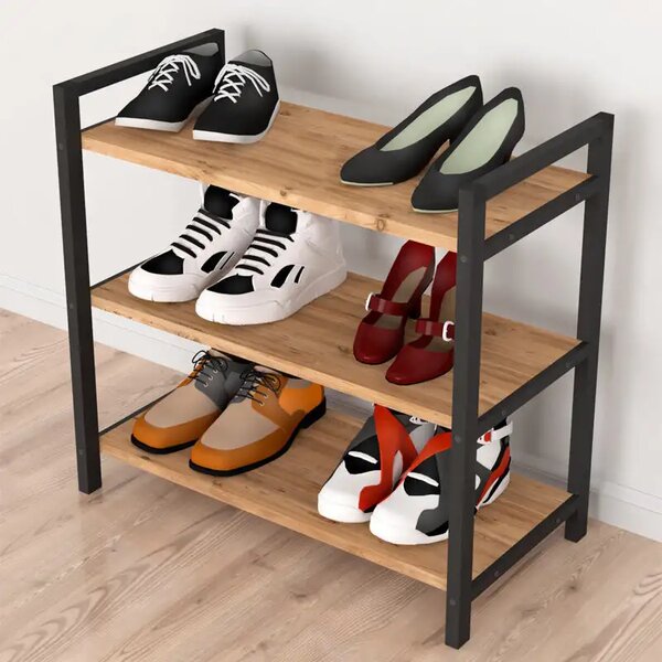 Suport pentru pantofi cu 3 Rafturi Black / nuc 66x36x70cm