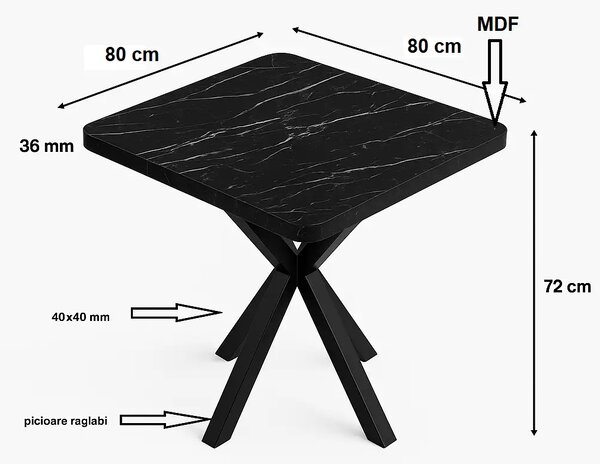 Masa de bucatarie din MDF patrat, texturata, marmura negru,Homs 80x80X75 cm
