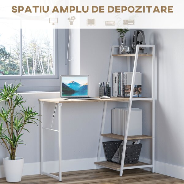 HOMCOM Birou cu Bibliotecă Integrată 3 Rafturi și Blat Pliabil Design Modern din Lemn și Metal pentru Acasă și Birou | Aosom Romania