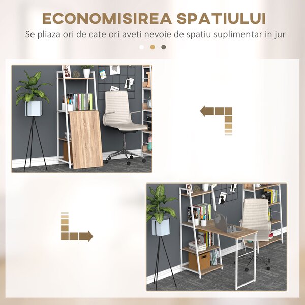 HOMCOM Birou cu Bibliotecă Integrată 3 Rafturi și Blat Pliabil Design Modern din Lemn și Metal pentru Acasă și Birou | Aosom Romania