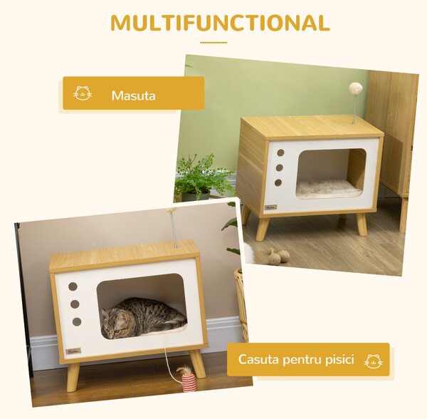 PawHut Casuță Multifuncțională pentru Pisici, Noptieră cu Pat, Centru de Activități, Minge Jucărie Inclusă | Aosom Romania