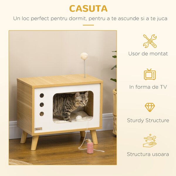 PawHut Casuță Multifuncțională pentru Pisici, Noptieră cu Pat, Centru de Activități, Minge Jucărie Inclusă | Aosom Romania