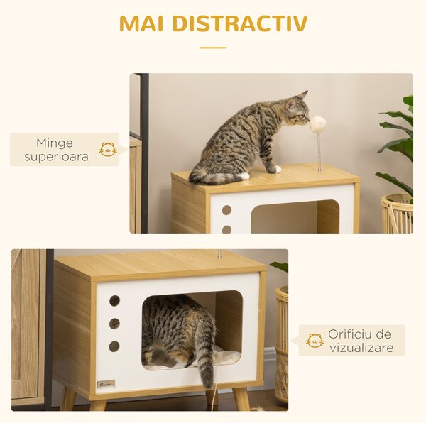 PawHut Casuță Multifuncțională pentru Pisici, Noptieră cu Pat, Centru de Activități, Minge Jucărie Inclusă | Aosom Romania