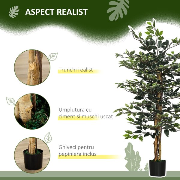 HOMCOM Ficus Artificial Înalt 130 cm cu 702 Frunze Colorate în Ghiveci, Decor Interior și Exterior, Verde Multicolor | Aosom Romania