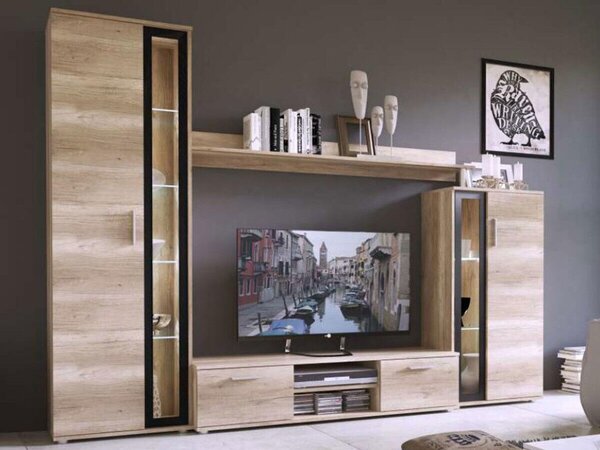 Mobilă pentru sufragerie Bristol 102Country stejar, Negru, Părți separate, Cu comodă tv, PAL laminat, Sticlă călită, 182x256x40cm