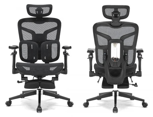 Scaun ergonomic premium DeluxStar T9 – cotiere 6D ultra moi, suport lombar adaptiv, spătar reglabil pe inaltime, tetiera 4D, mecanism multifunctional inclinare/blocare, pivotant, Mesh, Negru