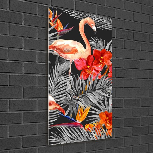 Tablou sticlă Flamingos și flori