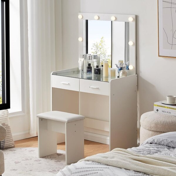 SEA905 - Set Masa toaleta cu blat de sticla, 80 cm, cosmetica, masuta machiaj, oglinda cu LED, cu scaun tapitat - Alb