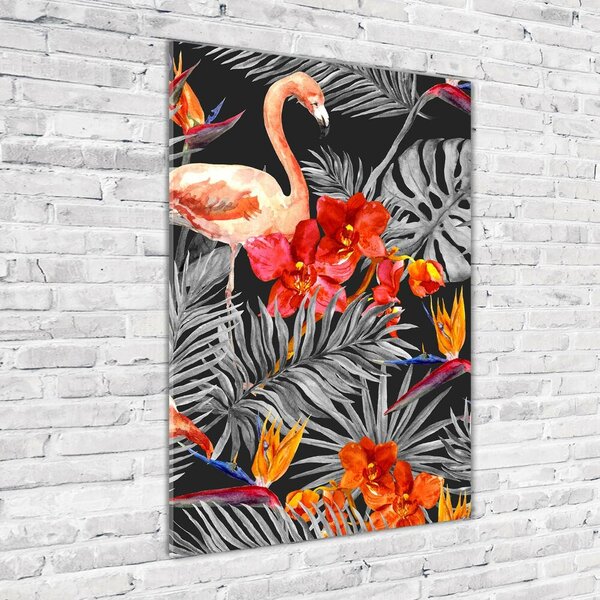 Tablou sticlă Flamingos și flori