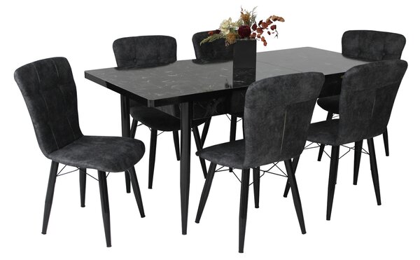 Set masă extensibilă Aris Negru Marmorat cu 6 scaune Artur Gri Închis