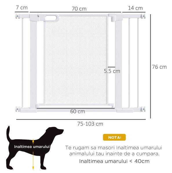 PawHut Barieră de Securitate Autoînchidere pentru Uși și Scări, Poartă de Protecție pentru Animale, Reglabilă 75-103 cm, Alb | Aosom Romania