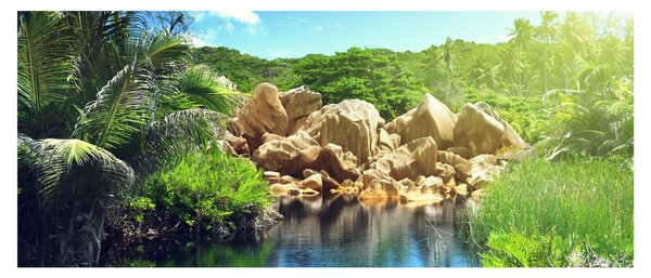 Tablou cu lac în jungla din Seychelles (120x50 cm)
