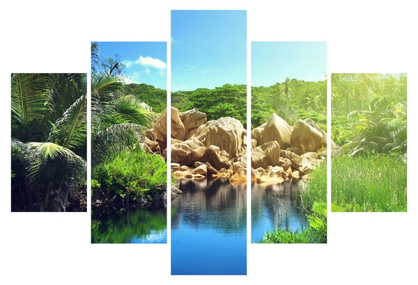 Tablou cu lac în jungla din Seychelles (150x105 cm)