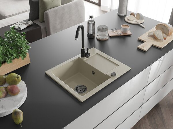 Mexen Enzo, chiuveta granit 576x465x174 mm, 1 camera, bej cu sifon negru, 6506571005-69-B