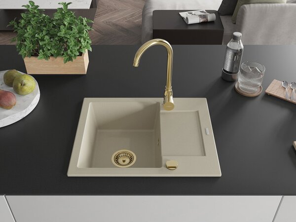 Mexen Enzo, chiuveta granit 576x465x174 mm, 1 camera, bej cu sifon auriu, 6506571005-69-G