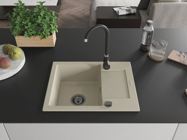 Mexen Enzo, chiuveta granit 576x465x174 mm, 1 camera, bej cu sifon negru, 6506571005-69-B