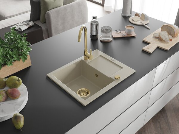 Mexen Enzo, chiuveta granit 576x465x174 mm, 1 camera, bej cu sifon auriu, 6506571005-69-G