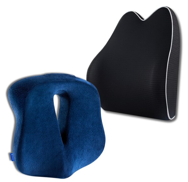 Set Perna de Sezut Coccis suport si Perna Lombara Confort, Suporto Confort Complet, Pentru scaun de birou sau masina, Negru / Albastru
