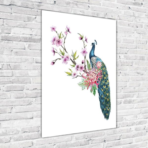 Tablou pe pe sticlă Peacock și flori