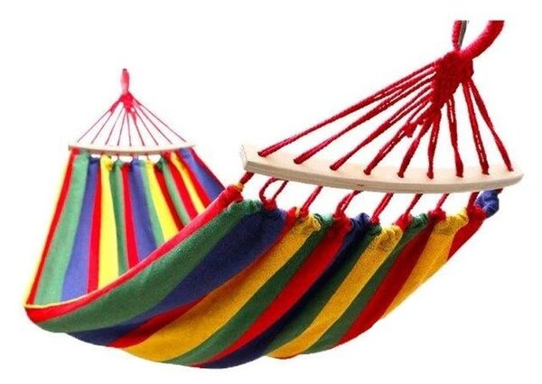 Hamac dublu cu tija din lemn, 150 x 200 cm, capacitate maxima 200 kg, 330g/mp, multicolor