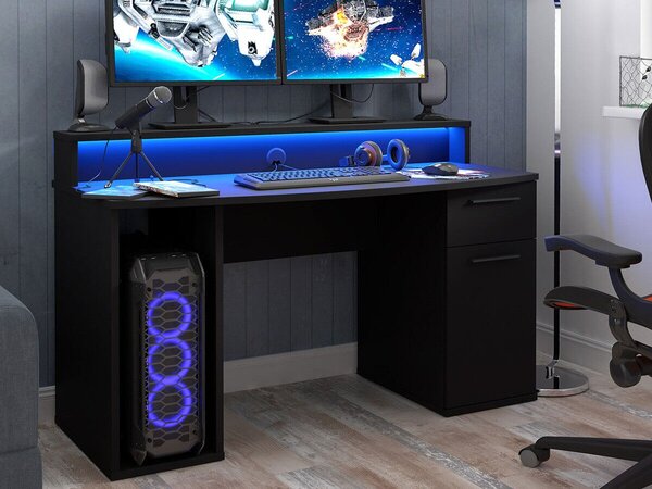 Birou gaming SerusCu sertare, Cu ușă, 8x14x7cm, Negru mat