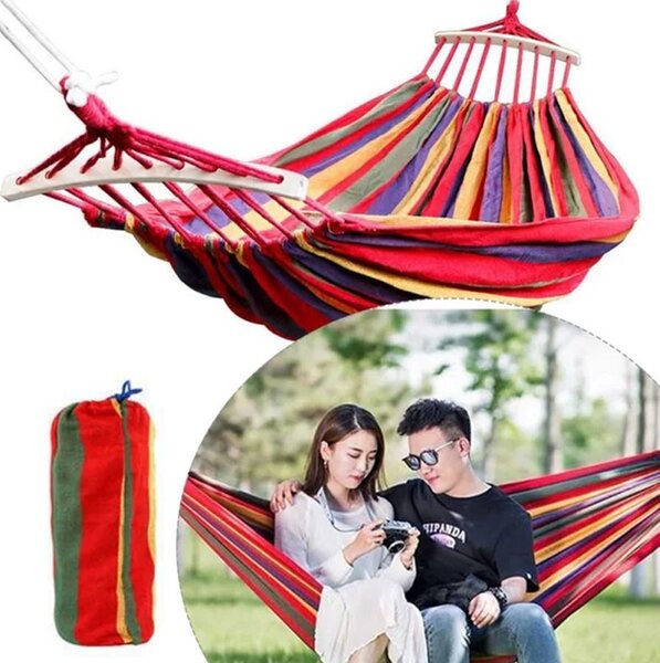 Hamac dublu cu tija din lemn, 150 x 200 cm, capacitate maxima 200 kg, 330g/mp, multicolor