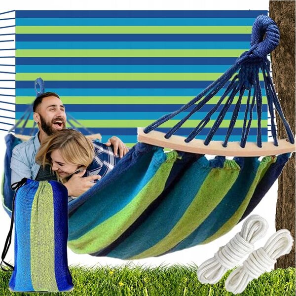 Hamac pentru 2 persoane, 150x200 cm, tija din lemn, maxim 200 kg, husa depozitare, verde/albastru