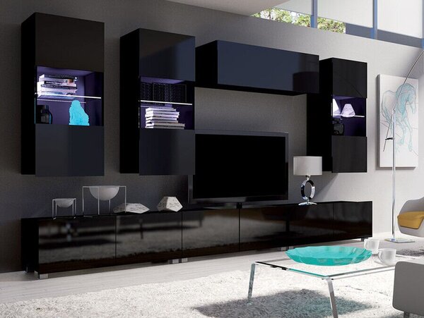 Camera de zi Providence B121Negru lucios, Negru, Cu componente suplimentare, Părți separate, Cu comodă tv, PAL laminat, 300x43cm