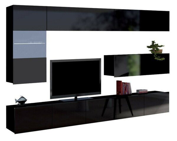 Set de living Remus IV, Negru lucios, Negru, Sticlă călită, PAL laminat, 106 kg