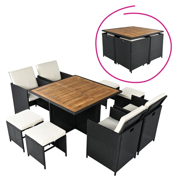 Set de gradina din ratan, lemn de salcam, negru crem natural, MELFORD