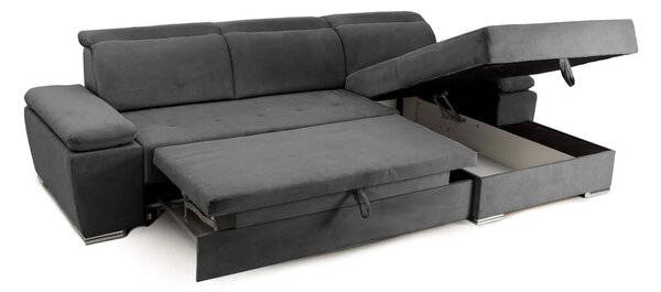 Colțar Extensibil TRENDY, cu ladă de depozitare, cu tetiere reglabile, variante stânga/dreapta 295x170x105 cm, Gri-Inchis-Enjoy / Dreapta