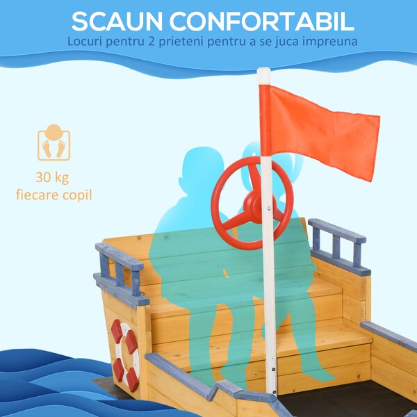 Outsunny Nisipar din Lemn pentru Copii in Forma de Corabie de Pirati cu Compartiment de Depozitare, Joc de Gradina 158x78x45.5cm | Aosom Romania