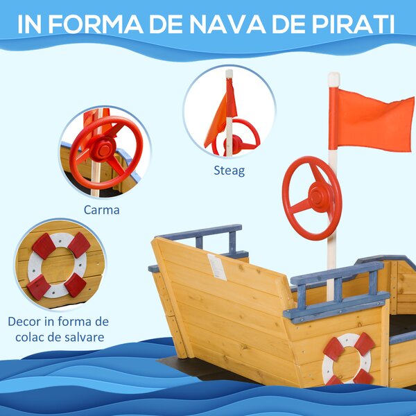 Outsunny Nisipar din Lemn pentru Copii in Forma de Corabie de Pirati cu Compartiment de Depozitare, Joc de Gradina 158x78x45.5cm | Aosom Romania