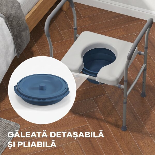 HOMCOM Scaun cu Vas de Toaletă pentru Vârstnici, Scaun de Toaletă Multifuncțional 4-În-1 cu Înălțime Reglabilă, 64x53x70-82 cm, Gri | Aosom Romania